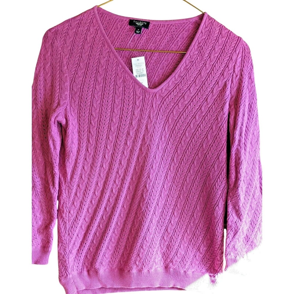 New Talbots Womens Sweater Sz P Petite Cable Knit Bright Pink Feminine Dainty